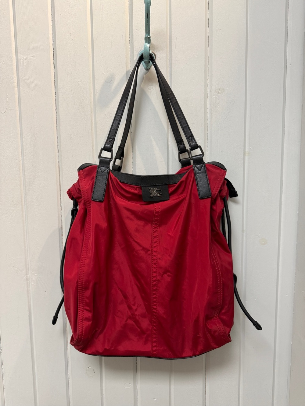 Burberry London Buckleigh Red Nylon Tote with Black Leather Trim
